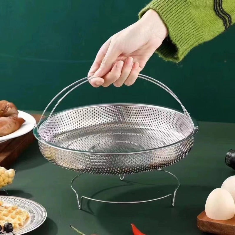 MULTIFUNCTION STAINLESS FOOD STEAMER STEAMING RACK BASKET WITH HANDLE EASY USE COOKING UTENSILS