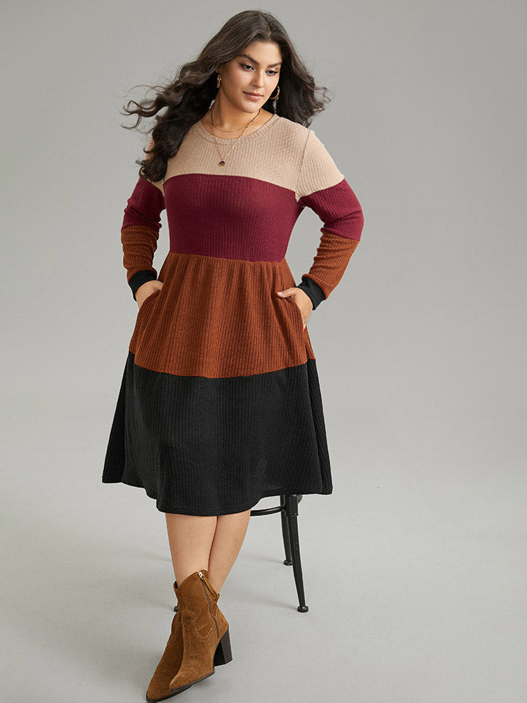 Colorblock Rib Knit Pocket Patchwork Dress