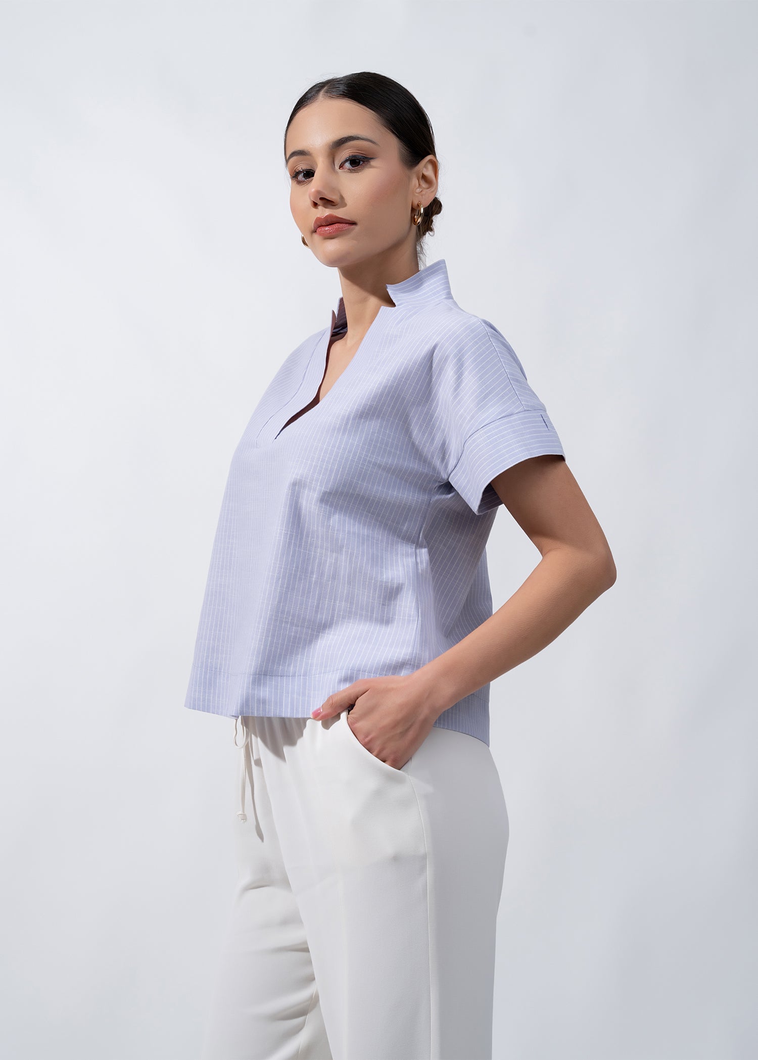 Crop Length Blouse With Neck Detail