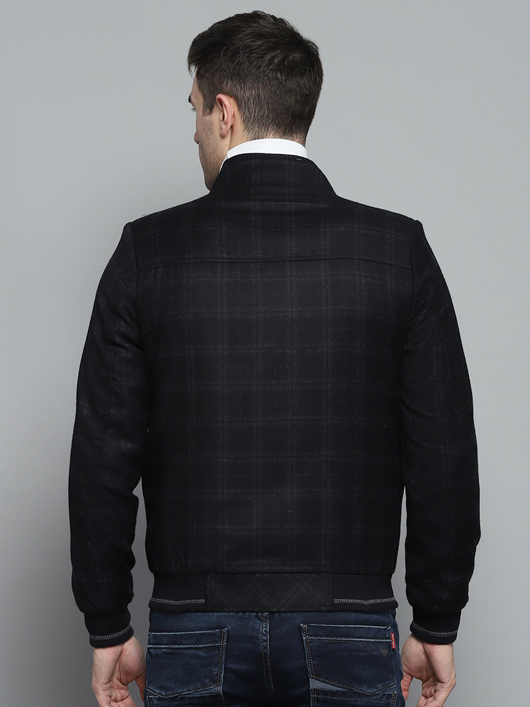 Men Black Check Mock Neck Full Sleeve Jacket