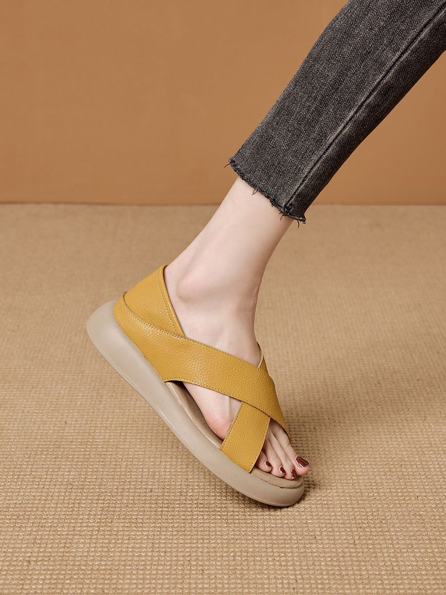 Women Casual Summer Pure Color Leather Slippers