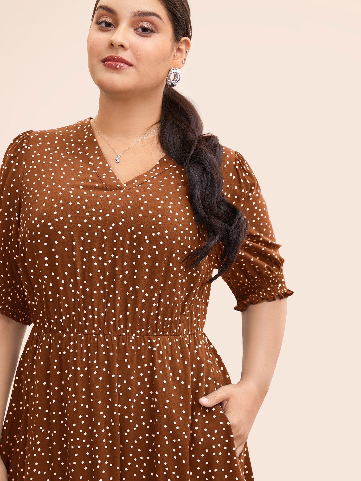 Polka Dot Shirred Pocket Flutter Hem Dress