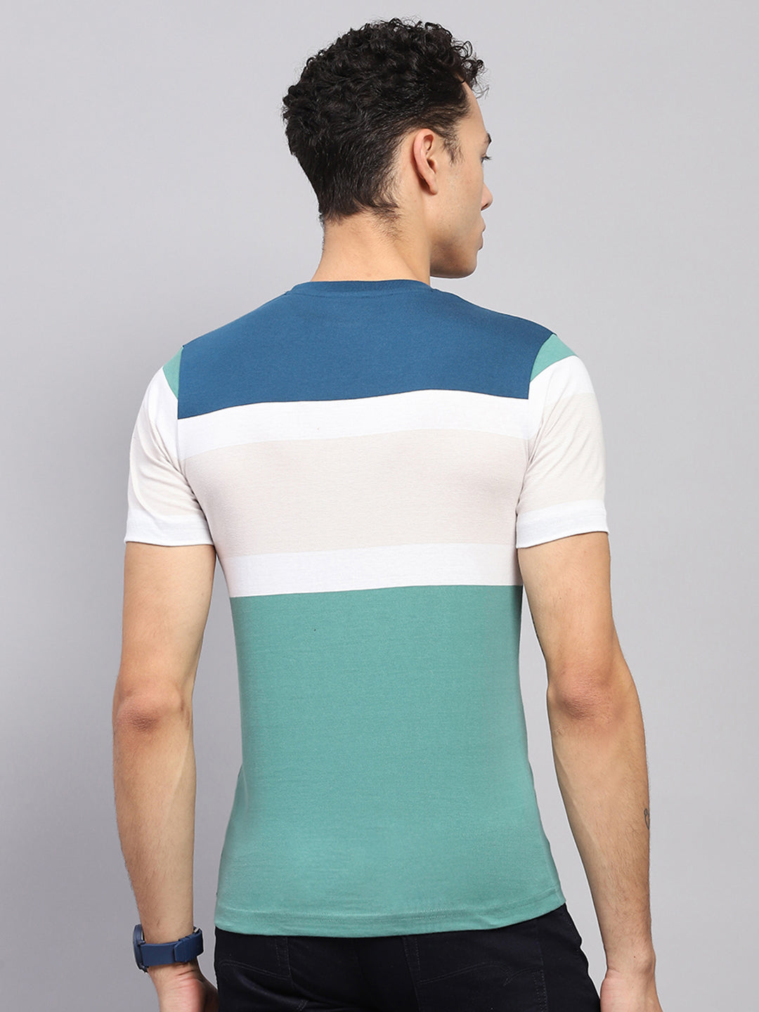 Men Blue & Green Stripe Round Neck Half Sleeve T-Shirt