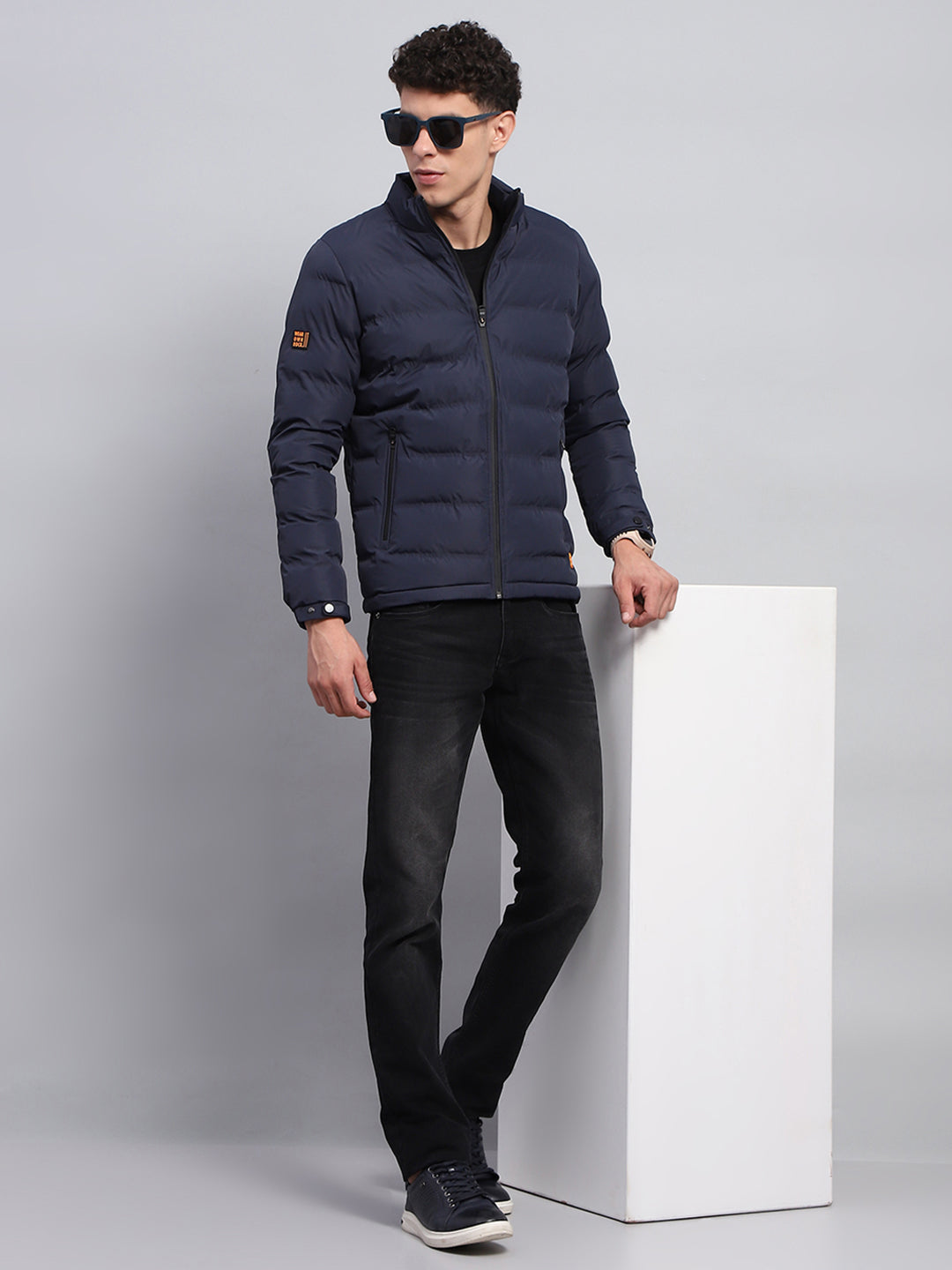 Men Navy Blue Solid Mock Neck Full Sleeve Jacket