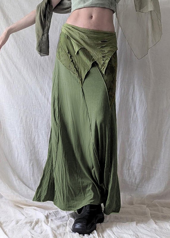 Vintage Green Asymmetrical Side Open Cotton Skirts Summer