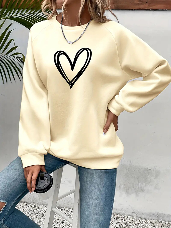 Long Sleeves Loose Heart Print Split-Joint Round-Neck Sweatshirt Tops