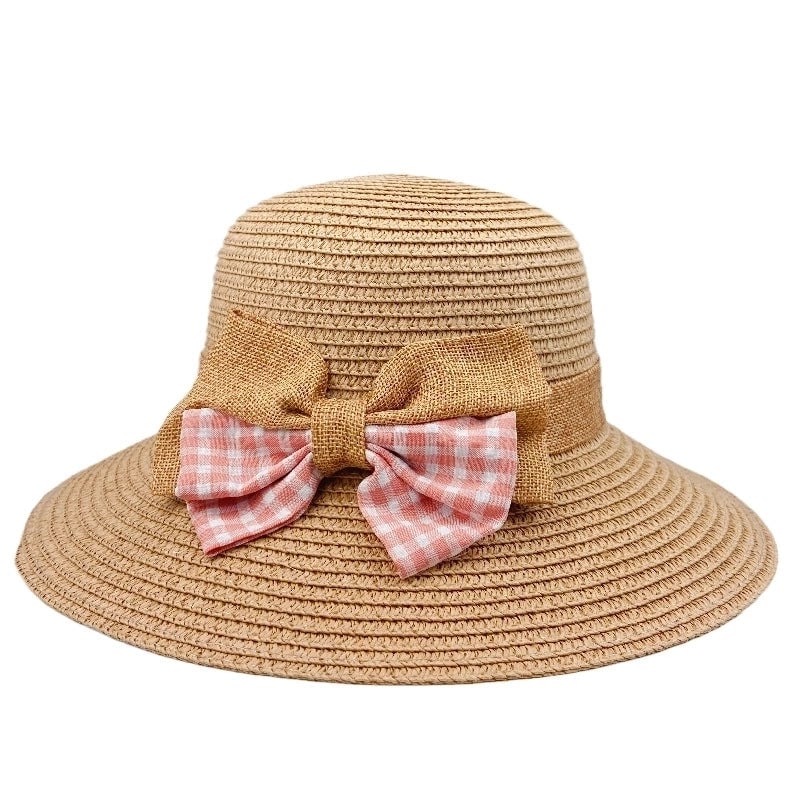 Summer Plaid Bow Straw Fisherman Hat Shade Travel Straw Hat