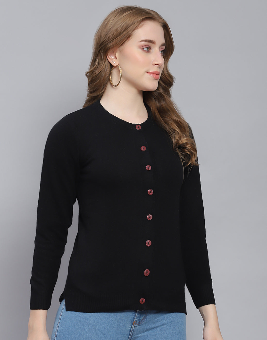 Women Black Solid Round Neck Full Sleeve Cardigan