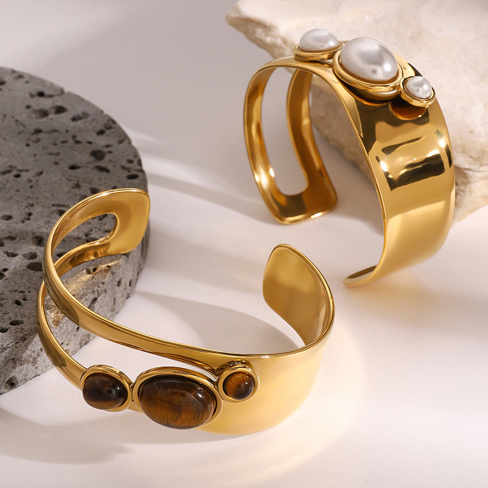 Stainless Steel Hollow Pearl Bracelet High Version Natural Stone Open Bracelet Titanium Steel Bracelet
