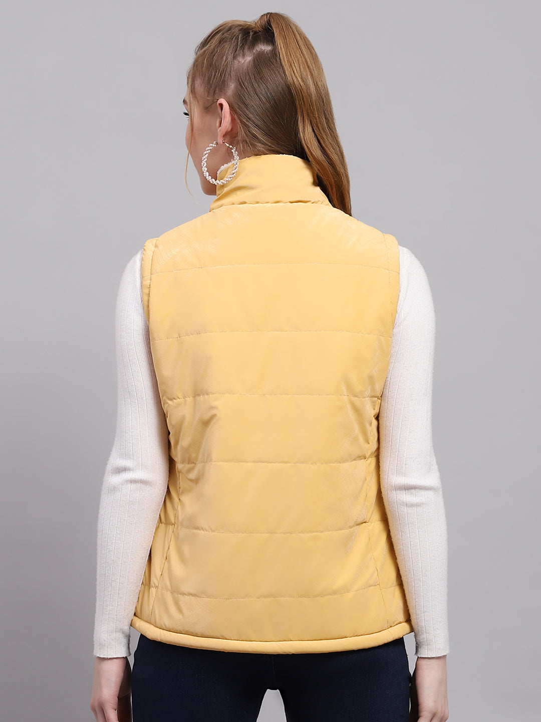 Women Yellow Solid Mock Neck Sleeveless Jacket