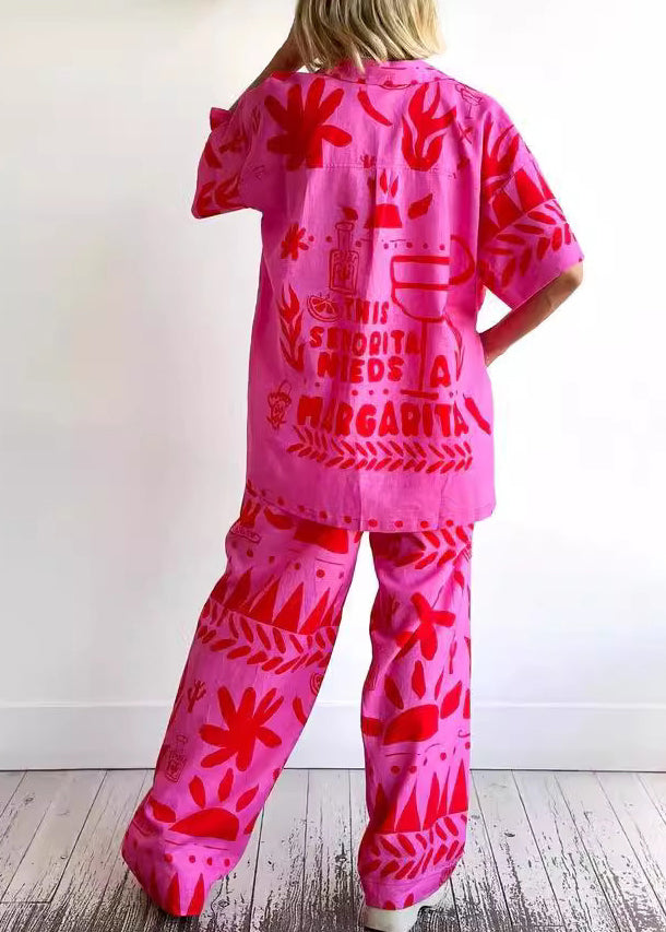 Plus Size Rose Print Shirts And Wide Leg Pants Two Pieces Set Short Sleeve