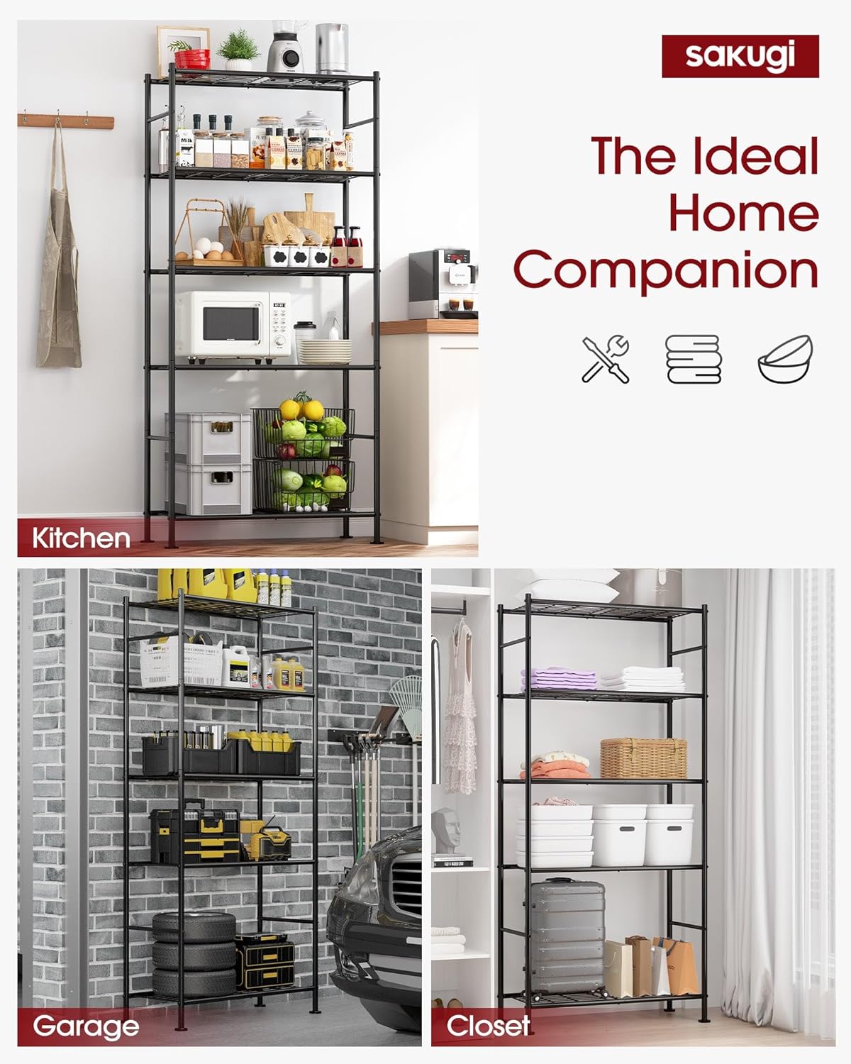Storage Shelves - 5 Tier Shelf Organizer. Heavy Duty Garage Shelving Unit with Leveling Feet. Stable Metal Shelves Organizer for Pantry. Kitchen and Closet. 33.0 W x 12.6 D x 72.0 H. Black
