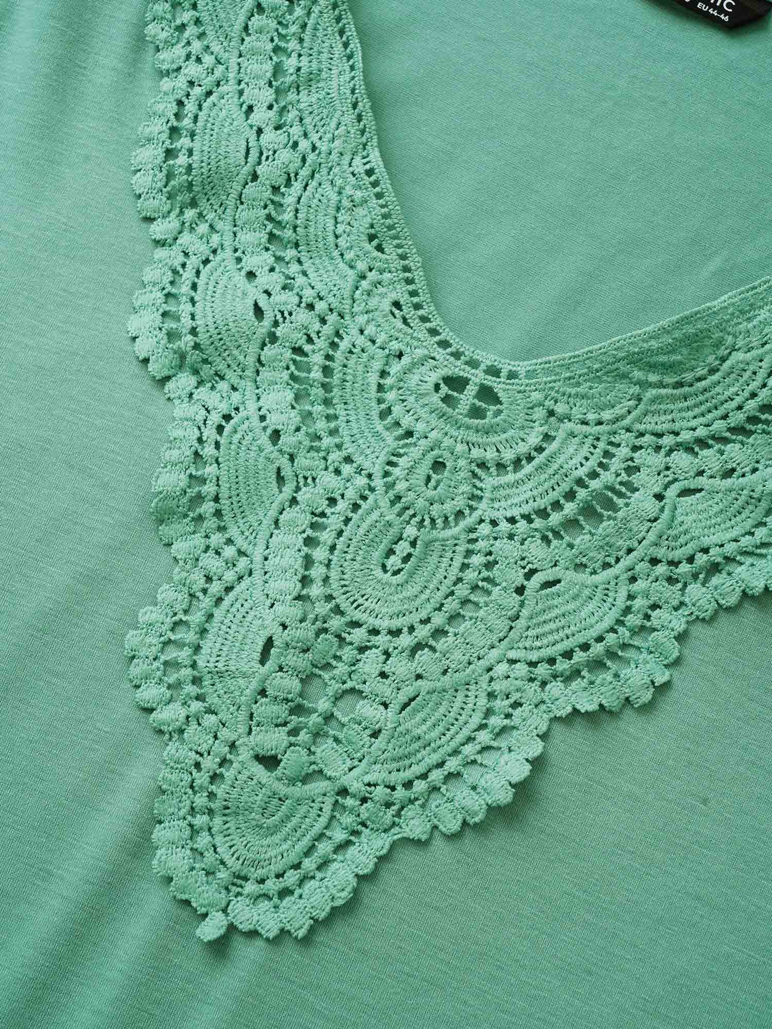Solid Ruffle Sleeve Lace V Neck T-shirt