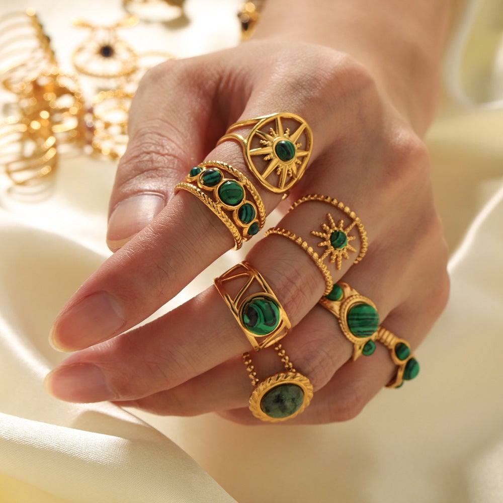 Women IG Style Polka Dot Round Circle Stripe Ellipse Geometric Stainless Steel Gemstone Inlay Rings