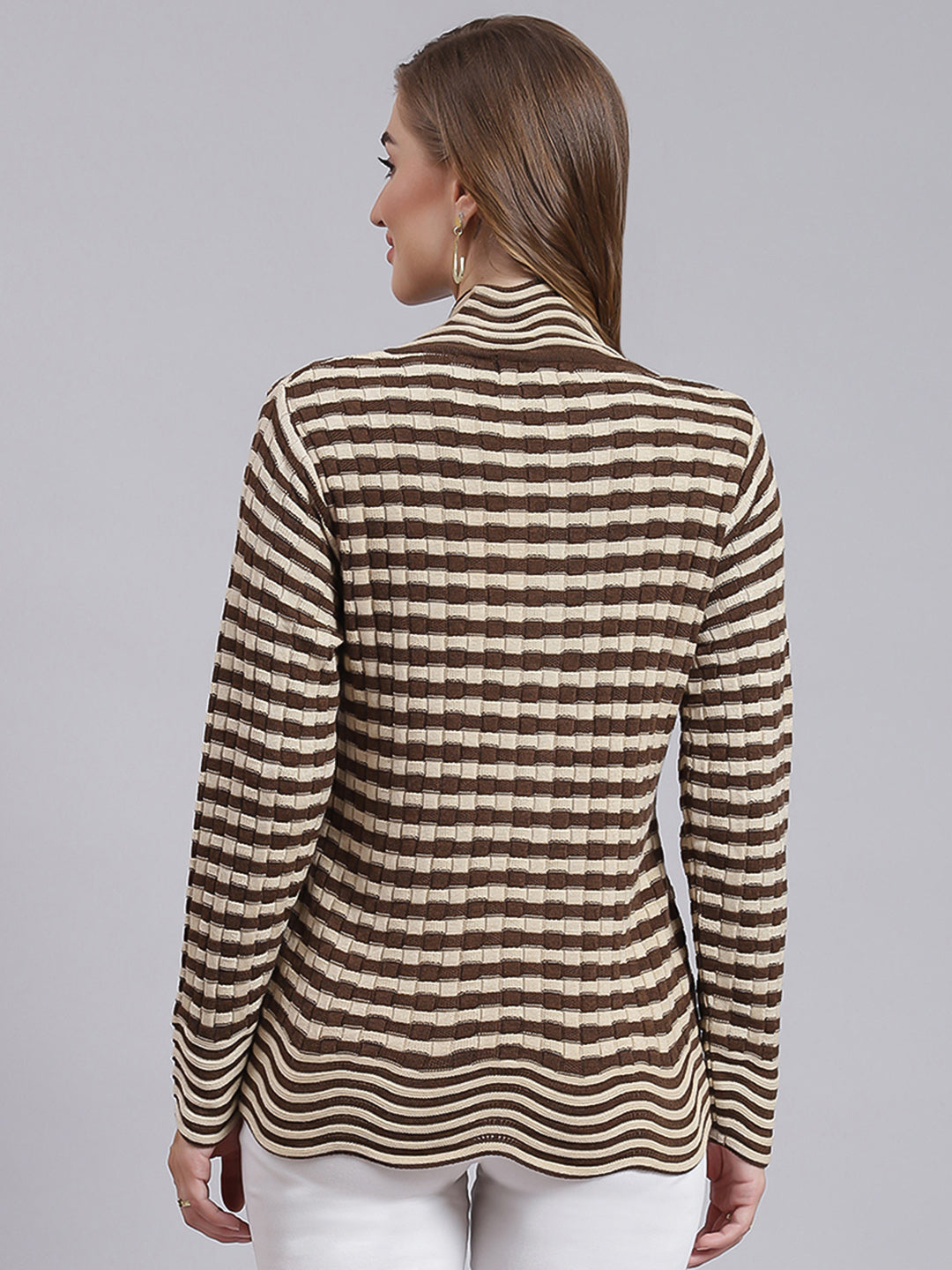 Women Beige & Brown Stripe Wool blend Cardigan