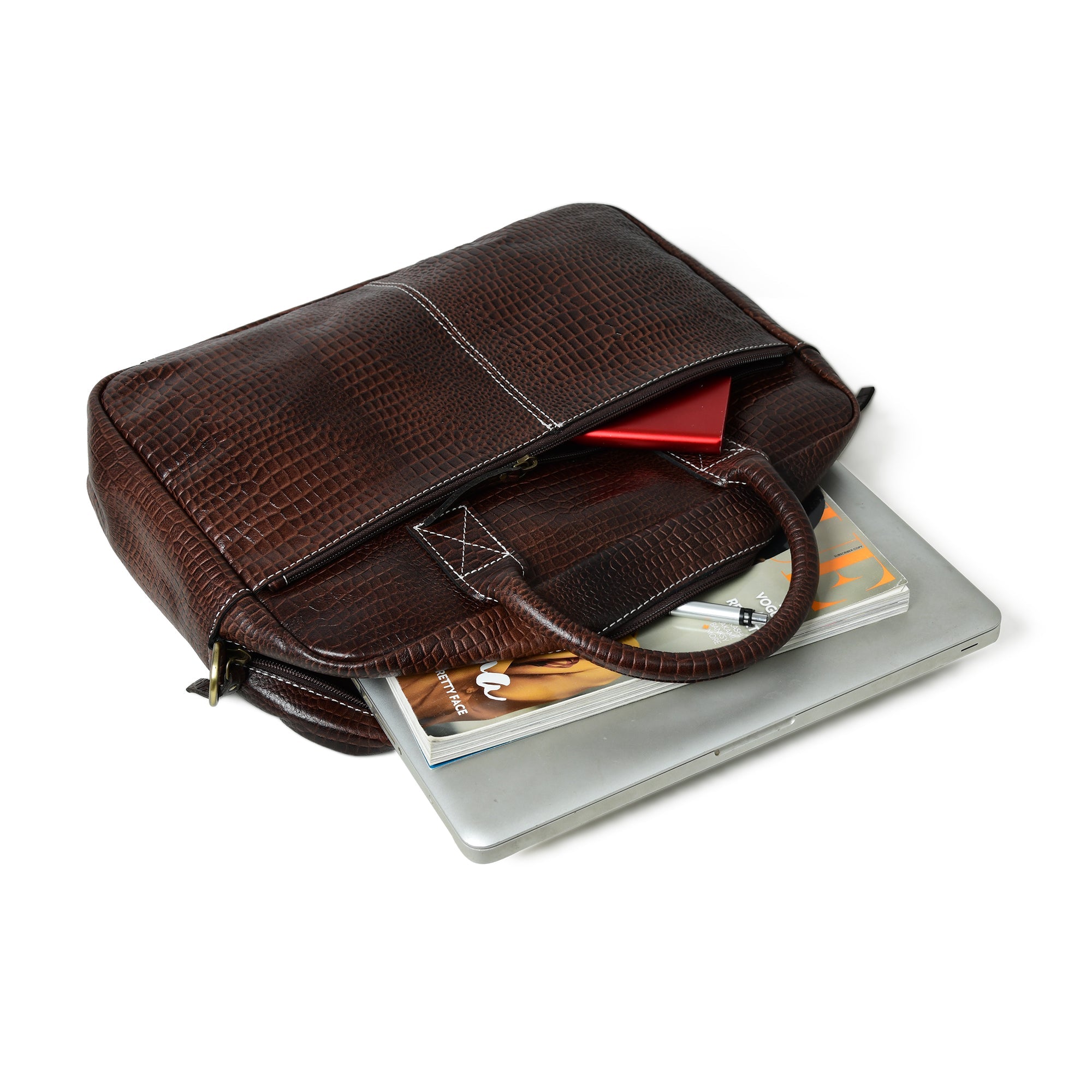 Laurent Slim Leather Briefcase- Dark Brown