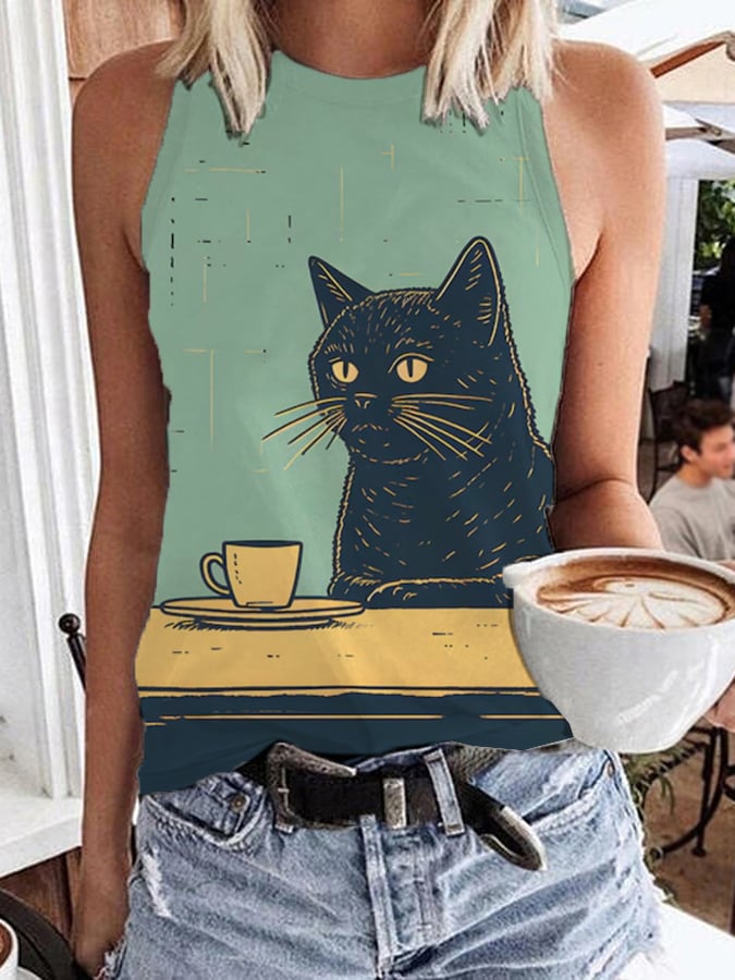 Women's Black Cat Chilling Coffee Art Print Casual Tank Top