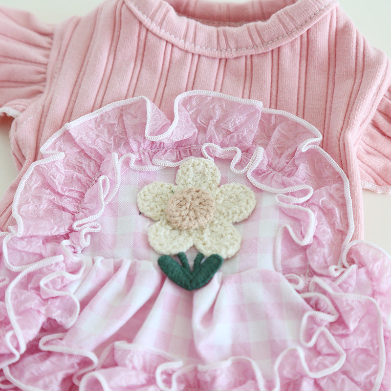 Sweet Flower Plaid Lace Dog Cat Dress