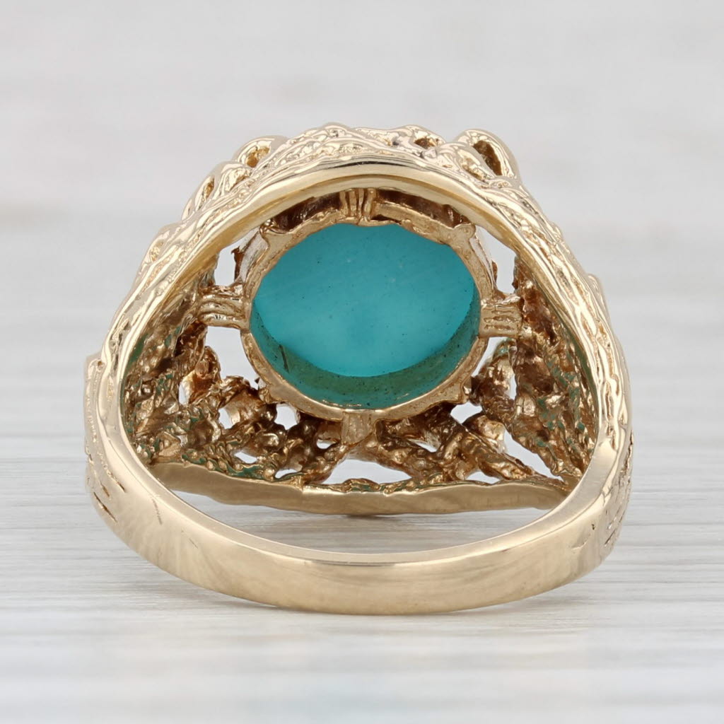 Simulated Turquoise Ring 14k Gold Round Cabochon Size 6.5 Ornate Openwork