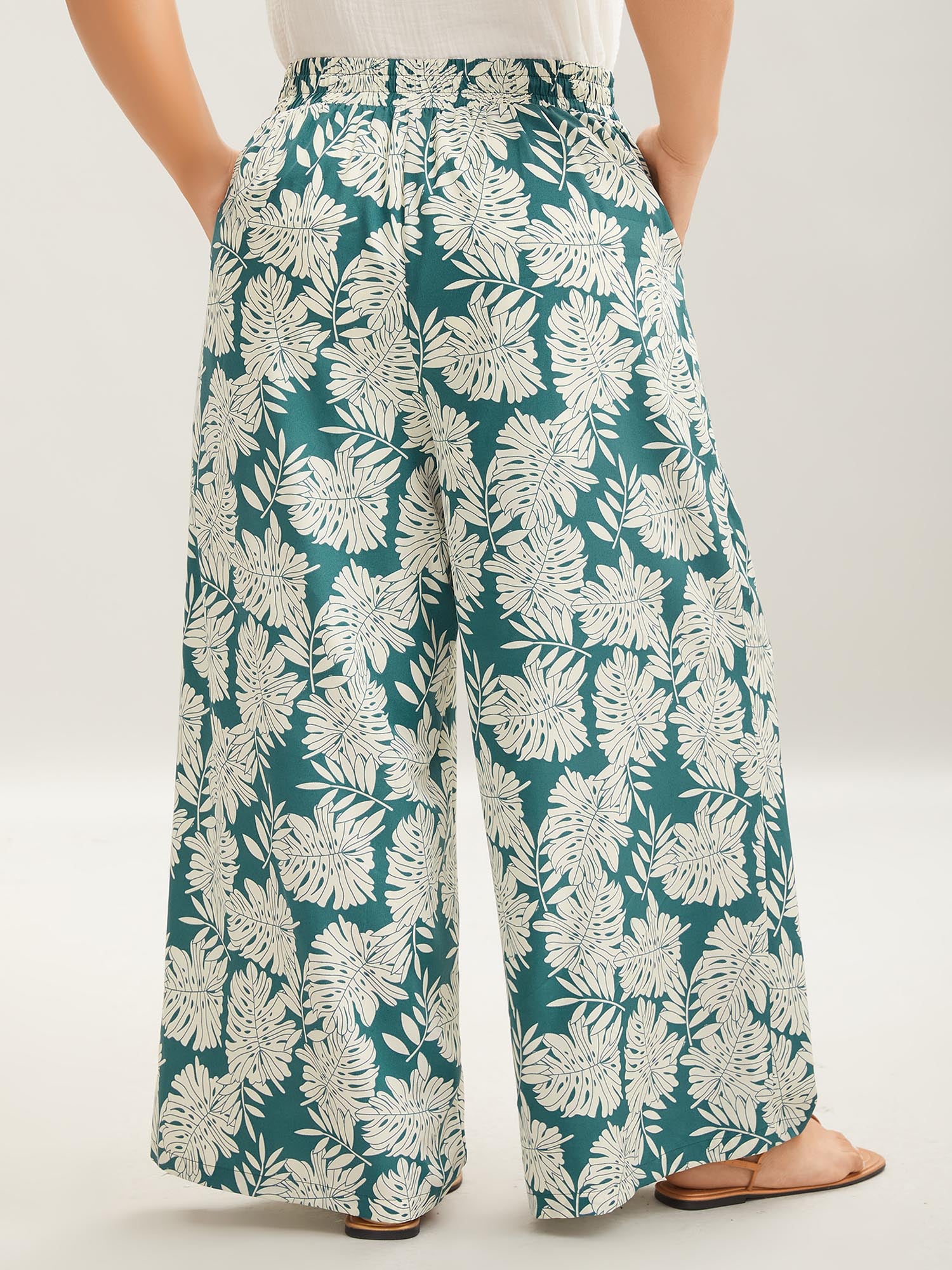 Tropical Leaf Pattern Shirred Wide-Leg Pants