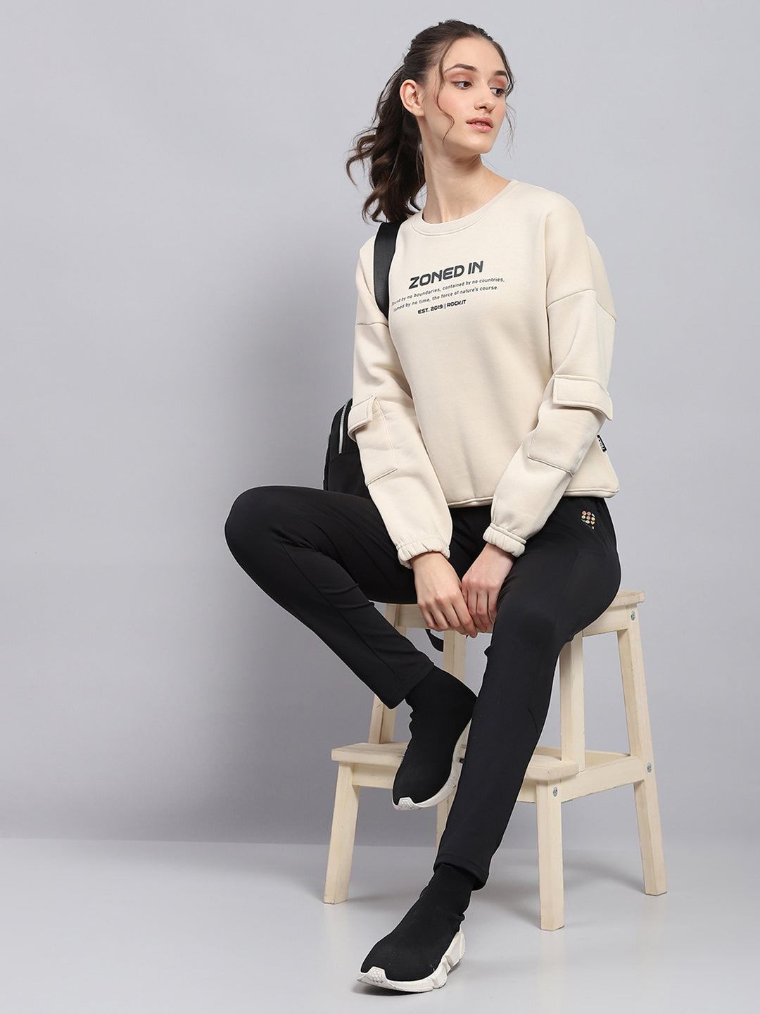 Women Beige Printed Round Neck Full Sleeve Sweatshirt