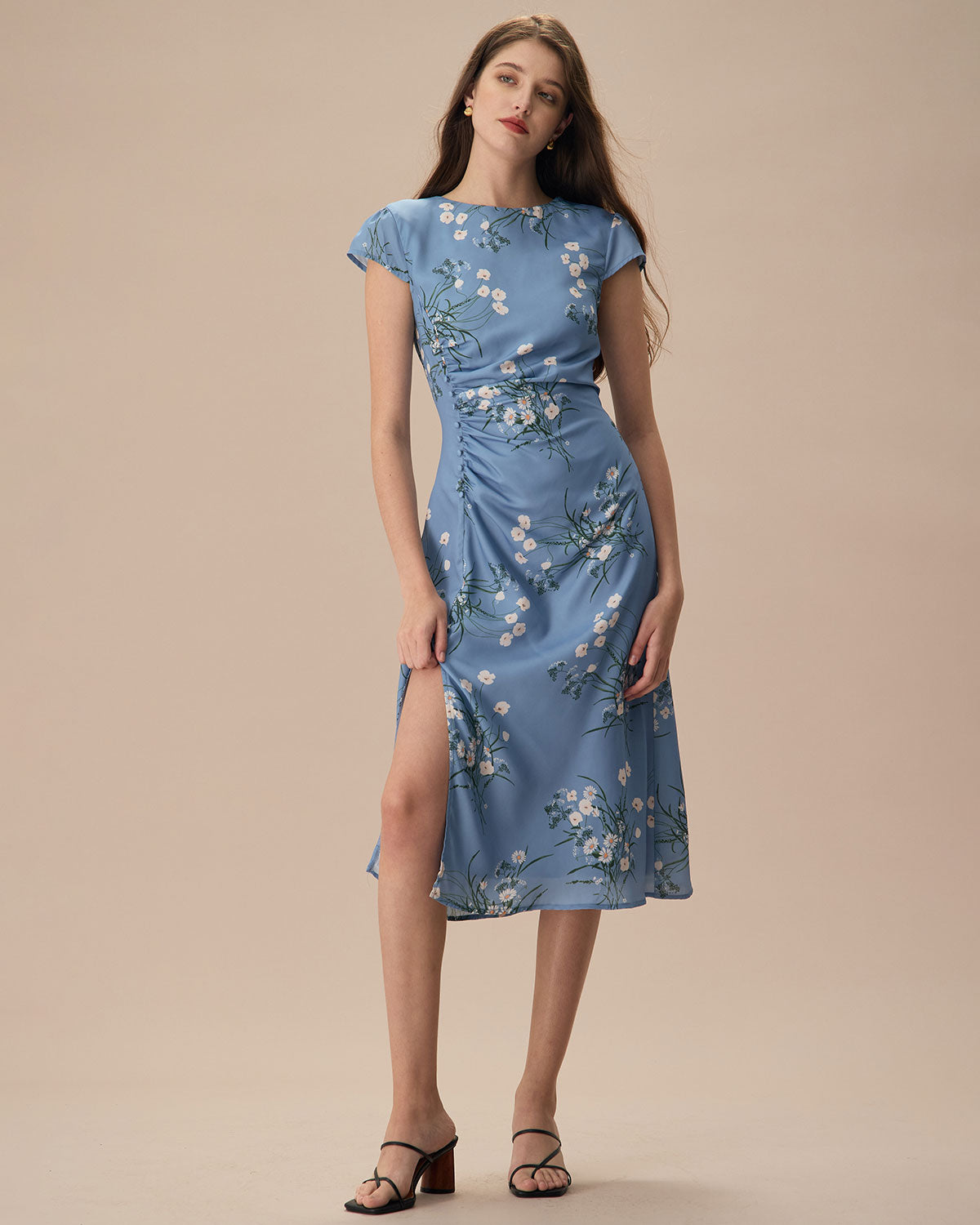 The Blue Round Neck Slit Floral Midi Dress