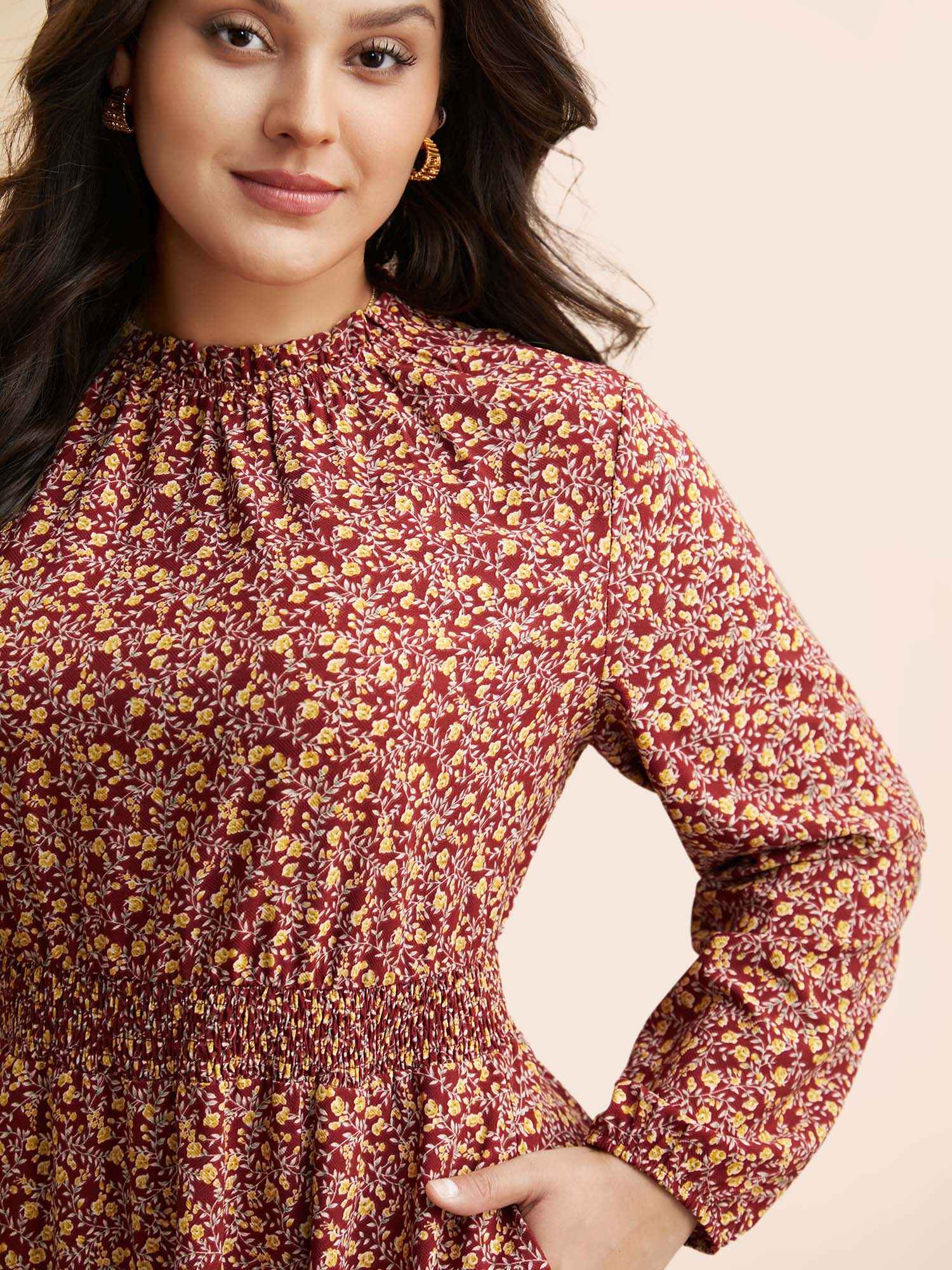Ditsy Floral Shirred Frill Trim Dress