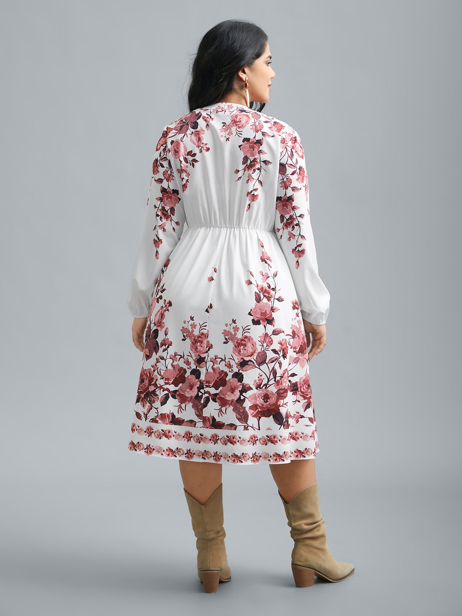 Boho Print Lantern Sleeve Button Detail Dress