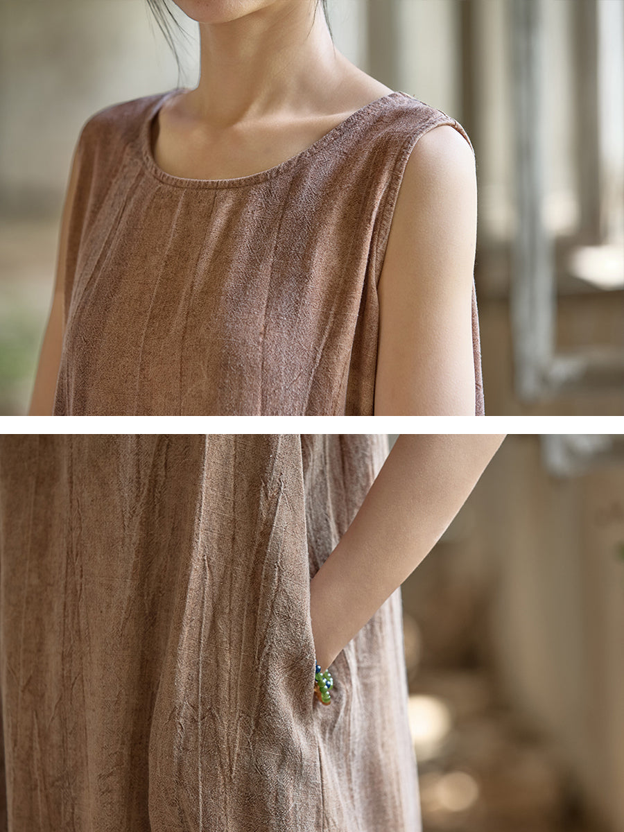 Women Summer Pure Color O-Neck Linen Vest Dress