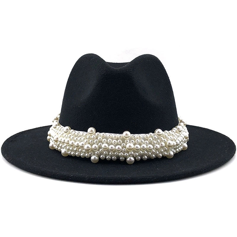 Fashion Elegant Pearl Big Brim Woolen Hat