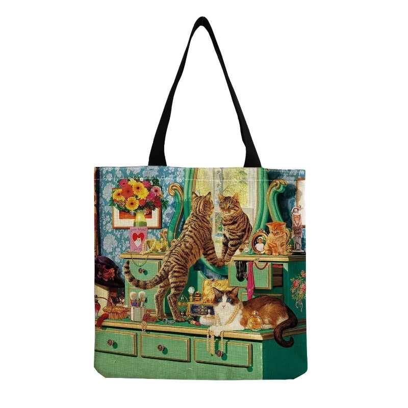 Women's Medium Canvas Cat Vintage Style Streetwear Square Open Canvas Bag