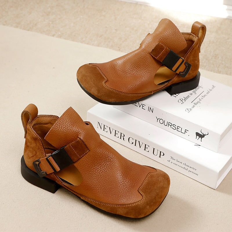 Full-Grain Leather Block Heel Suede Toe Cap Sandals with Buckle Closure in Black/Brown