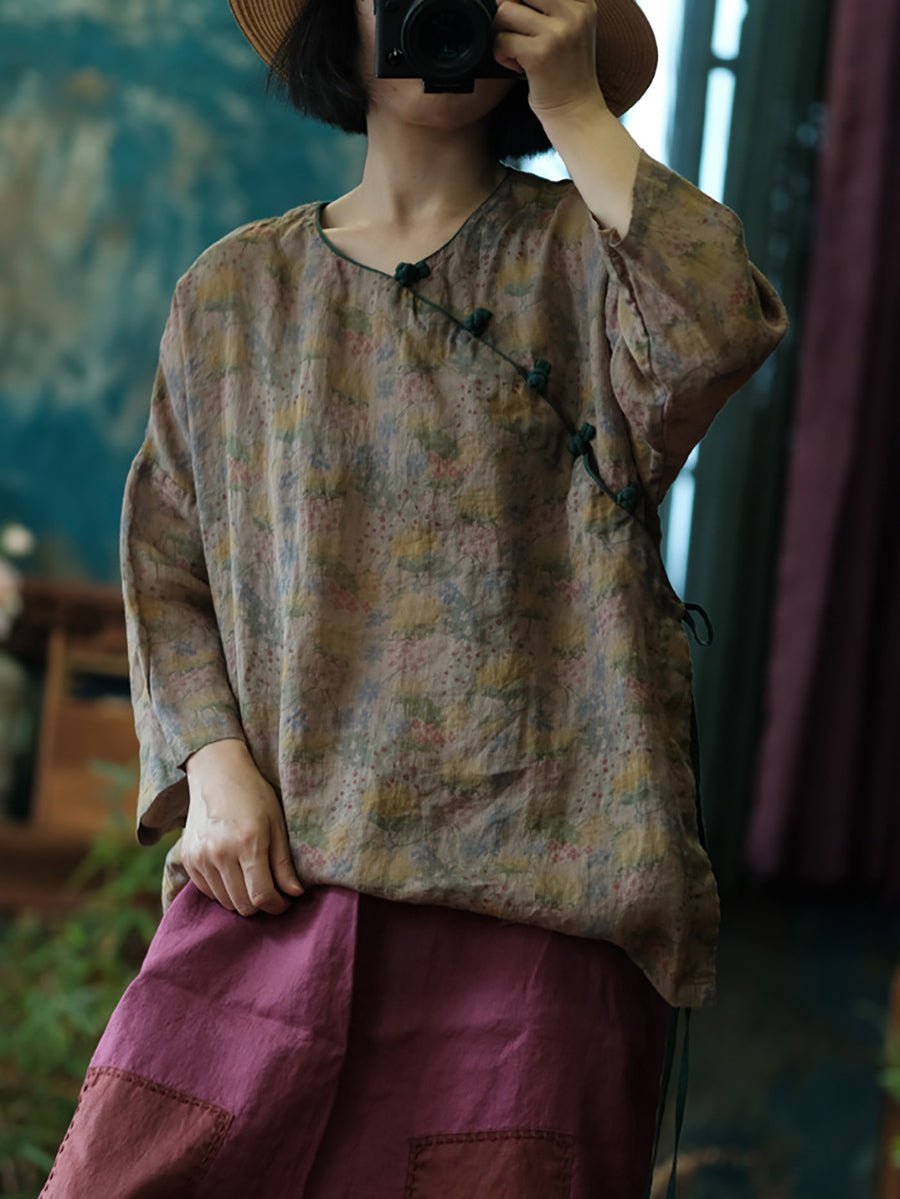 Women Summer Artsy V-Neck Floral Ramie Shirt