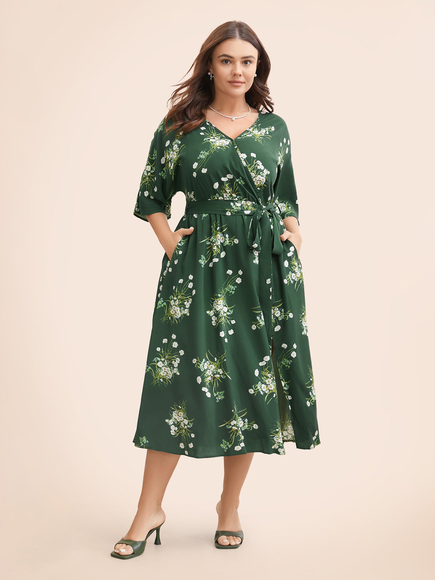 Floral Overlap Collar Split Hem Dress