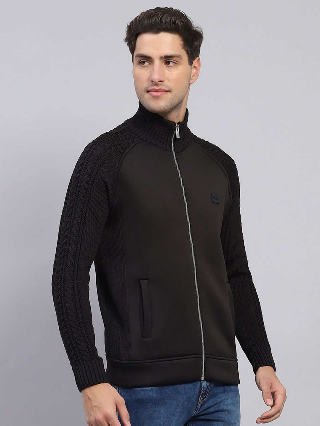 Men Black Self Design Mock Neck Full Sleeve Pullover