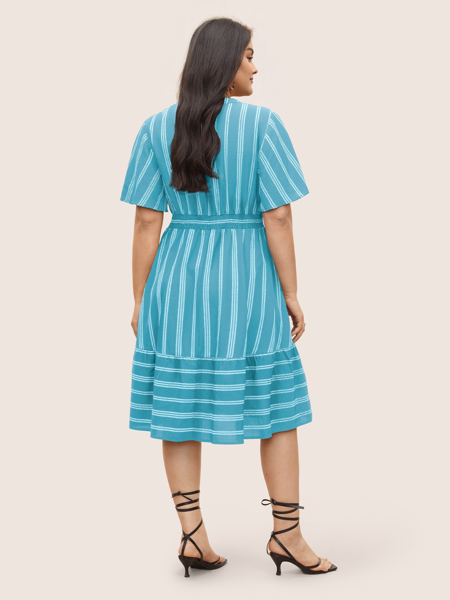 Striped Patchwork Tassels Ties Shirred Dress