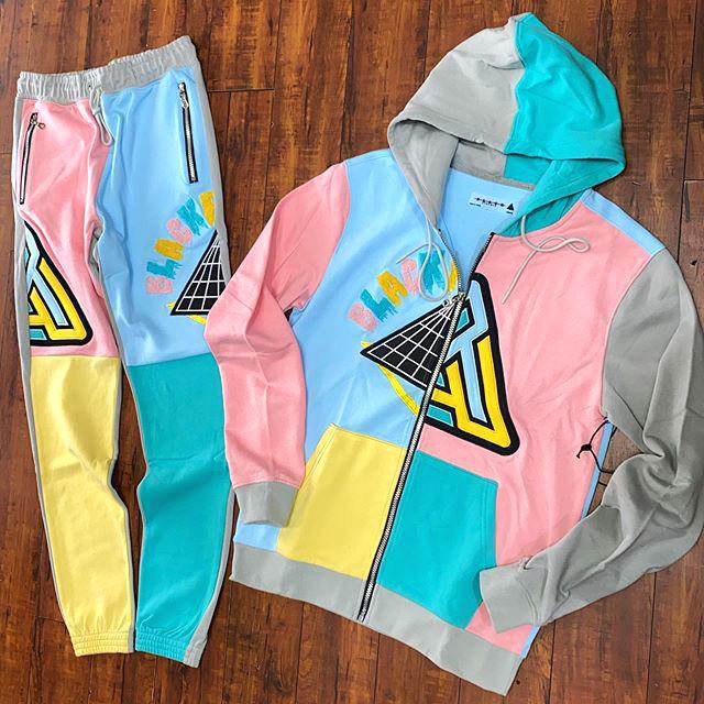 Geometric print fashion color block hoodie set