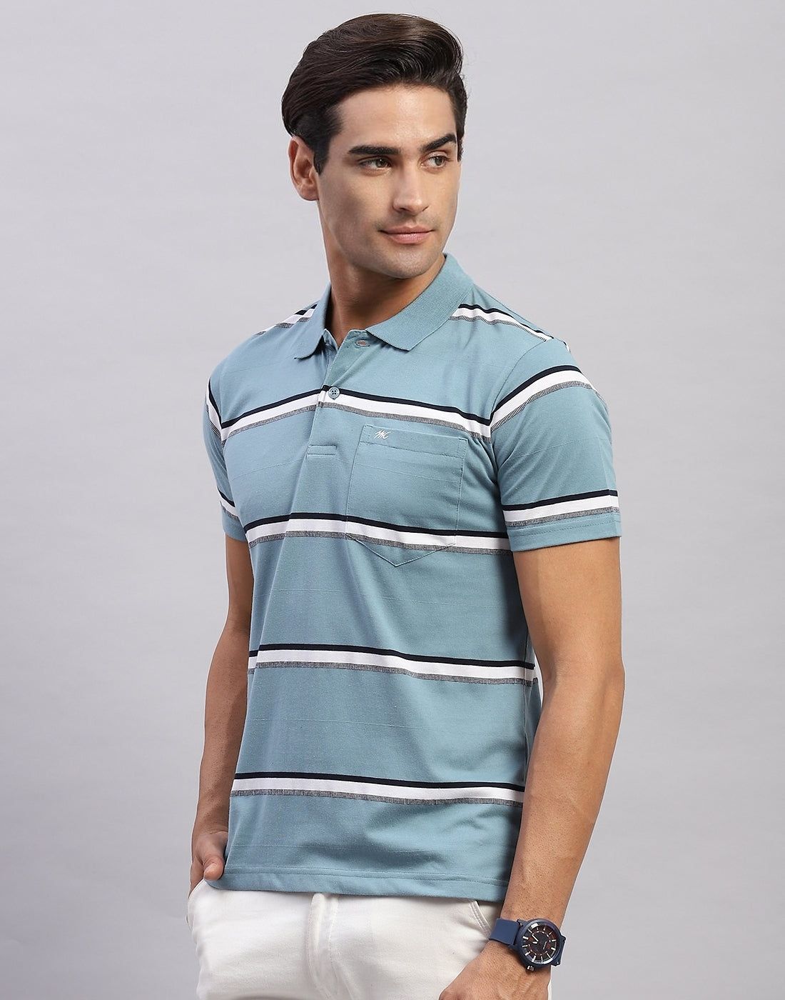 Men Blue Stripe Polo Collar Half Sleeve T-Shirt