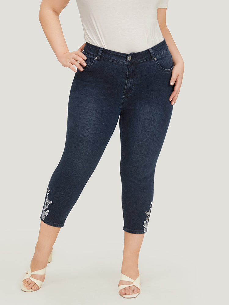 Very Stretchy High Rise Dark Wash Butterfly Embroidered Jeans