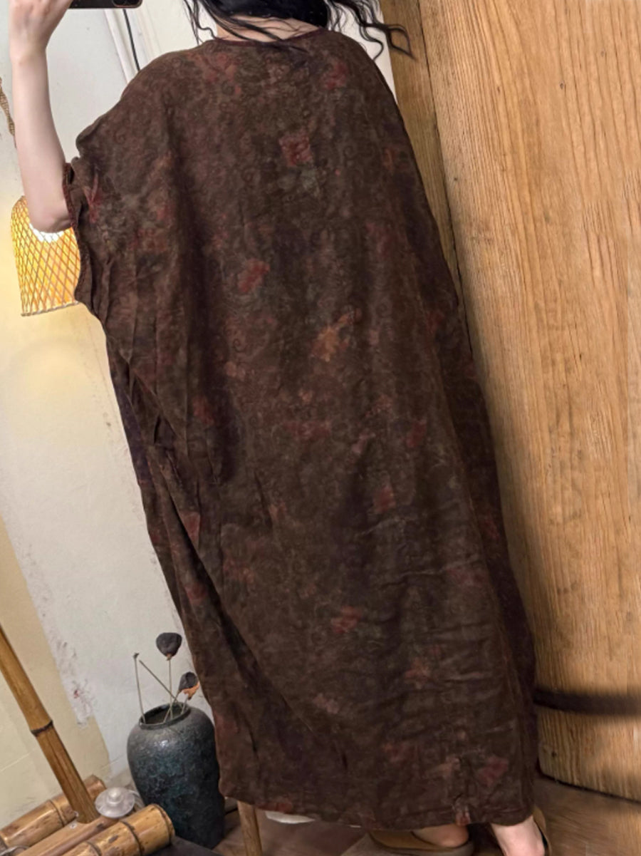Women Summer Vintage Flower O-Neck Linen Cotton Dress