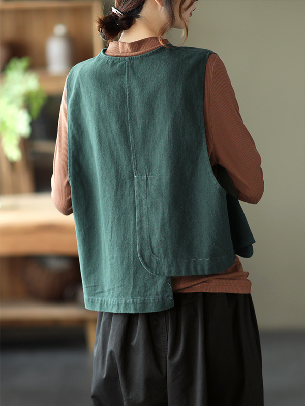 Vintage Asymmetric Solid Color Buttoned Vest Top