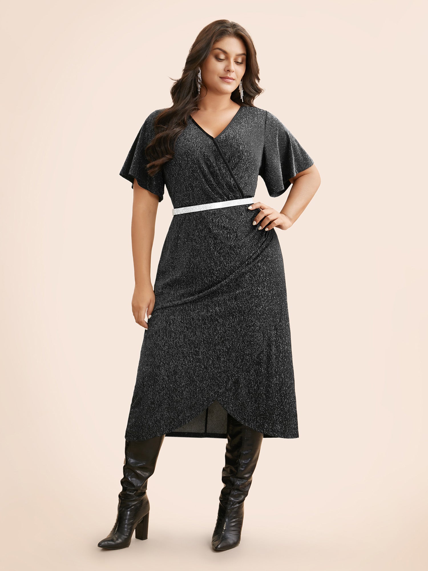 Luxe Overlap Collar Ruffle Sleeve Dress