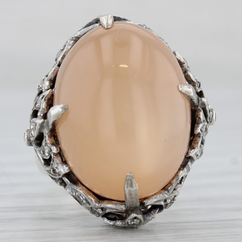 Peach Star Moonstone Diamond Ring 800 Silver Vintage Ornate Size 5 Cocktail