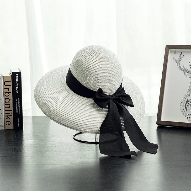 Women's Vacation Solid Color Bowknot Crimping Sun Hat