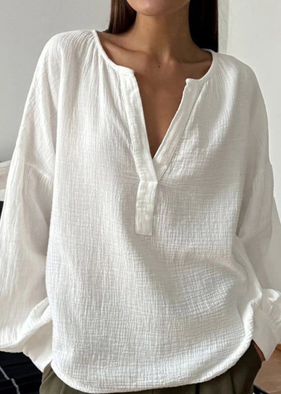 Plus Size White V Neck Patchwork Cotton T Shirts Fall