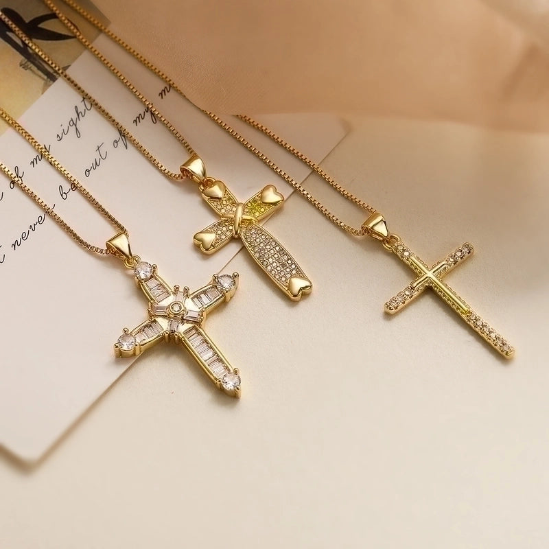 Minimalist Commute Cross Copper 18k Gold Plated Zircon Pendant Necklace In Bulk