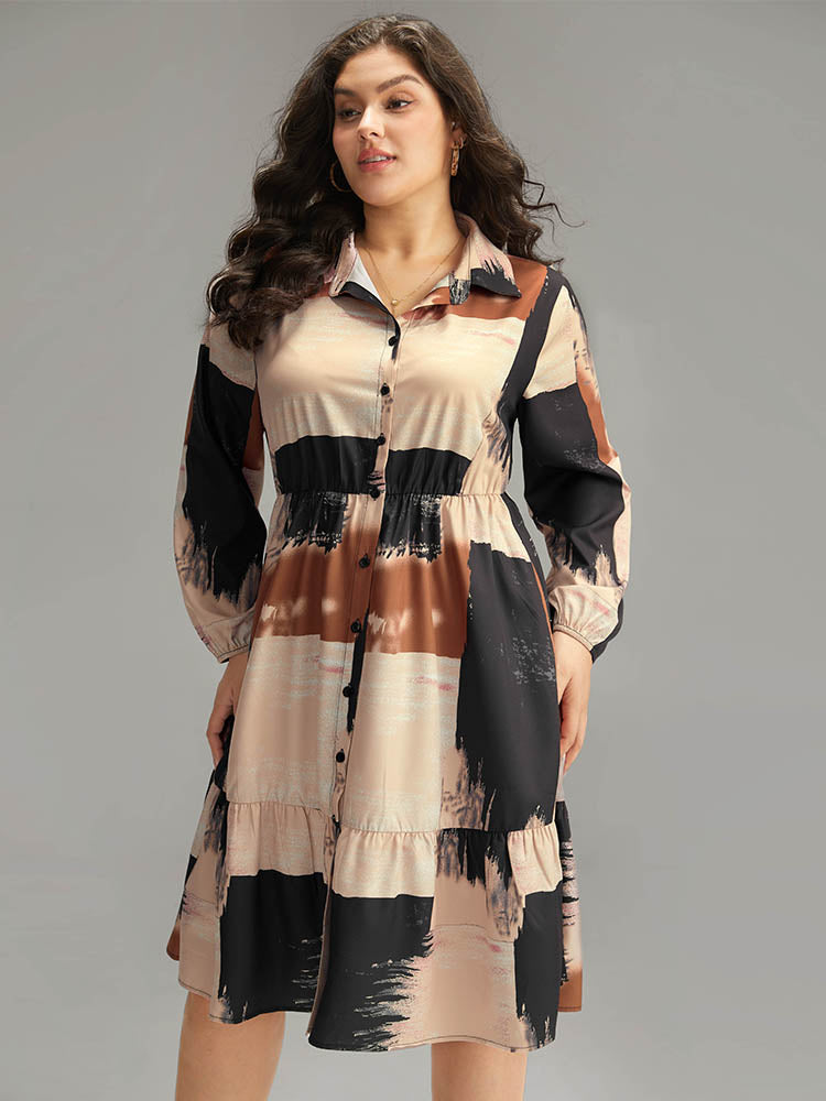 Brush Print Contrast Elastic Waist Button Through Dress
