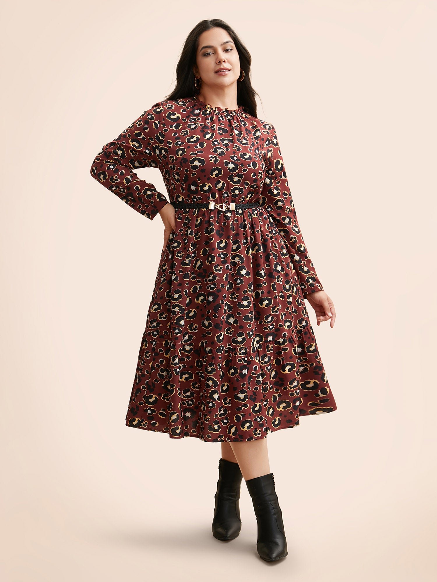 Leopard Print Mock Neck Frill Trim Dress