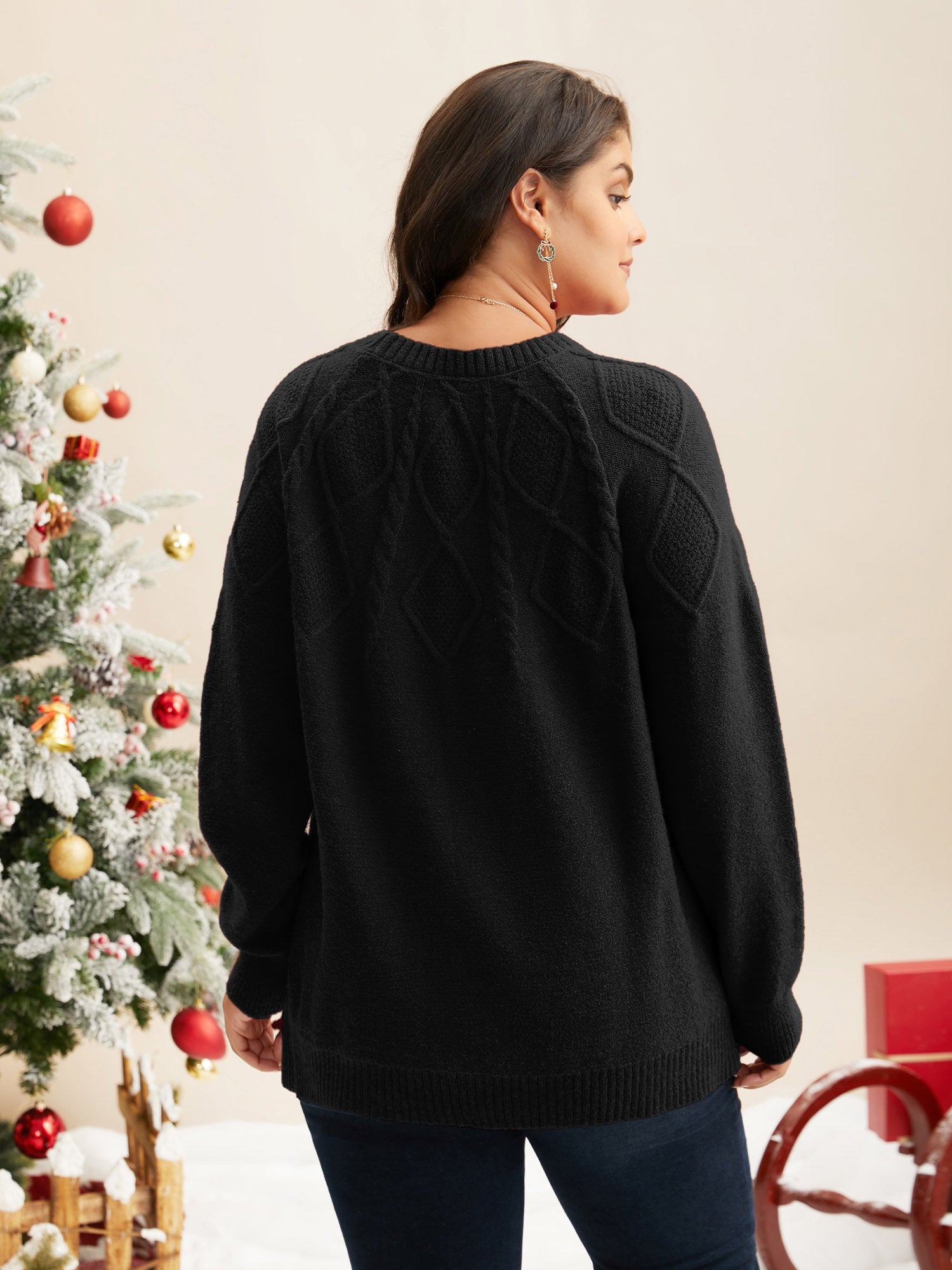 Cable Knit Bodice Crew-Neck Pullover