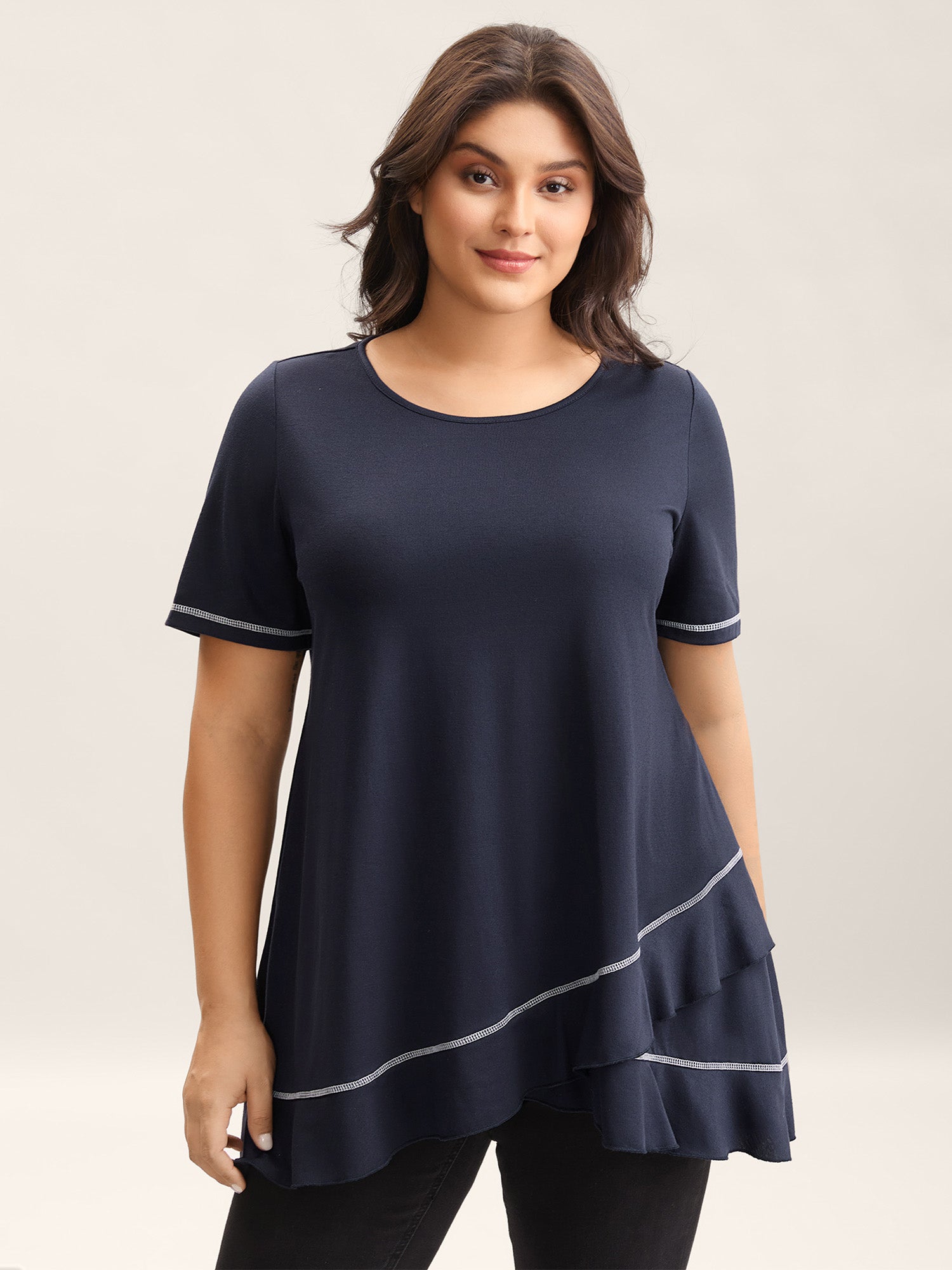 Overlap Hem Round Neck T-Shirt